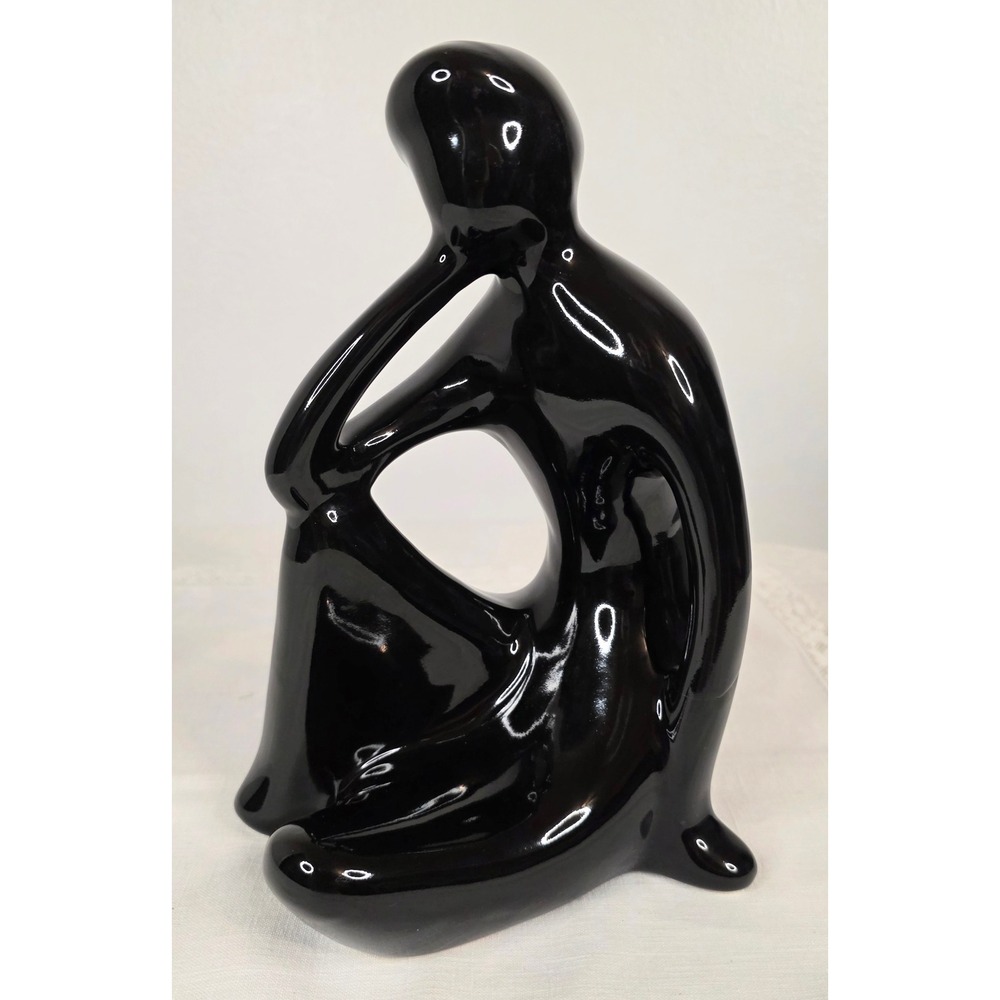 INA Studio Pottery Abstract Thinking Man Sculpture Black Gloss Ceramic Statue